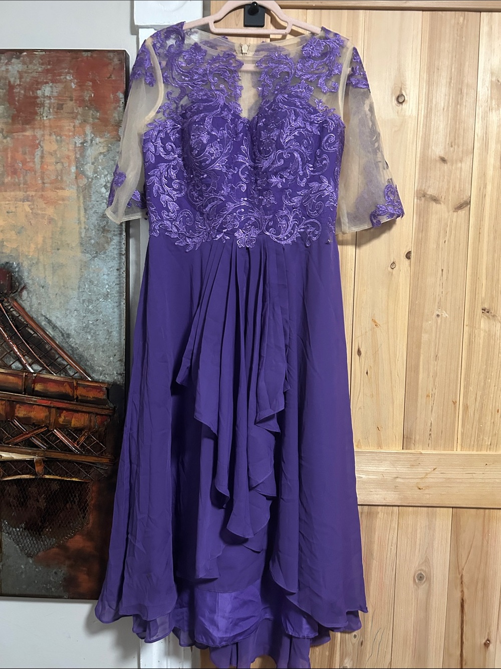 Purple Lace Appliqué Evening Dress with Illusion Sleeves